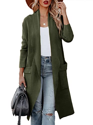 Maavoki Strickjacke Damen, Langarm Offene Front Cardigan mit Tasche, Casual Lange Einfarbig Strickmantel Grün, L von Maavoki