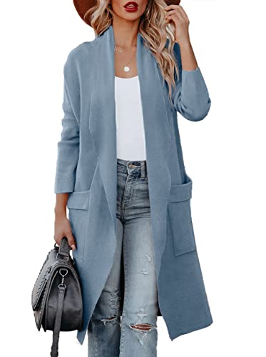 Maavoki Strickjacke Damen Lang Offene Front Herbst Cardigan mit Tasche Casual Einfarbig Warm Strickmantel, Hellblau, M von Maavoki