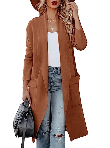 Maavoki Strickjacke Damen, Langarm Offene Front Cardigan mit Tasche, Casual Lange Einfarbig Strickmantel Hellbraun, M von Maavoki