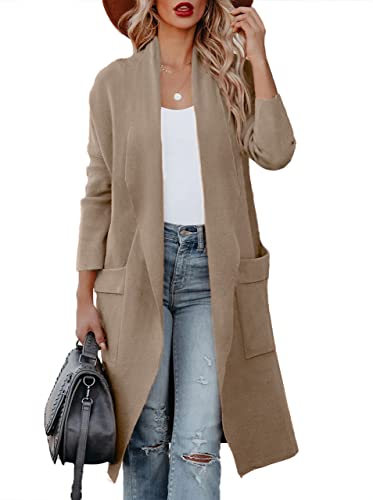 Maavoki Strickjacke Damen, Langarm Offene Front Cardigan mit Tasche, Casual Lange Einfarbig Strickmantel Khaki, L von Maavoki