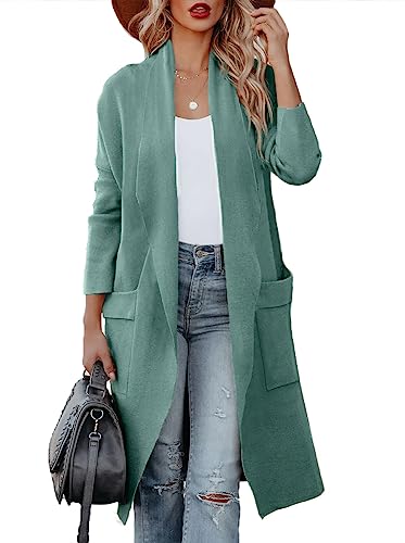 Maavoki Strickjacke Damen Lang Offene Front Herbst Cardigan mit Tasche Casual Einfarbig Warm Strickmantel, Mintgrün, M von Maavoki