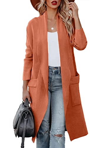 Maavoki Strickjacke Damen Lang Offene Front Herbst Cardigan mit Tasche Casual Einfarbig Warm Strickmantel, Orange, M von Maavoki