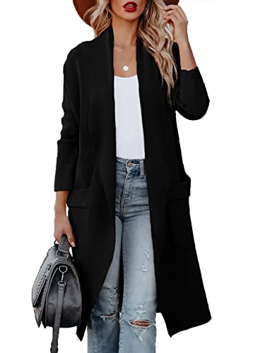 Maavoki Strickjacke Damen, Langarm Offene Front Cardigan mit Tasche, Casual Lange Einfarbig Strickmantel Schwarz, L von Maavoki