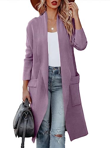 Maavoki Strickjacke Damen Lang Offene Front Herbst Cardigan mit Tasche Casual Einfarbig Warm Strickmantel, Violett, L von Maavoki