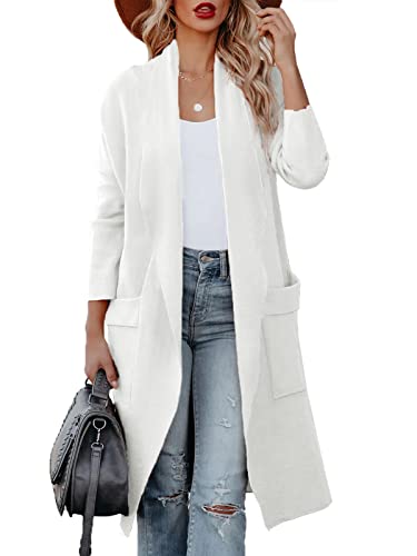 Maavoki Strickjacke Damen, Langarm Offene Front Cardigan mit Tasche, Casual Lange Einfarbig Strickmantel Weiß, L von Maavoki