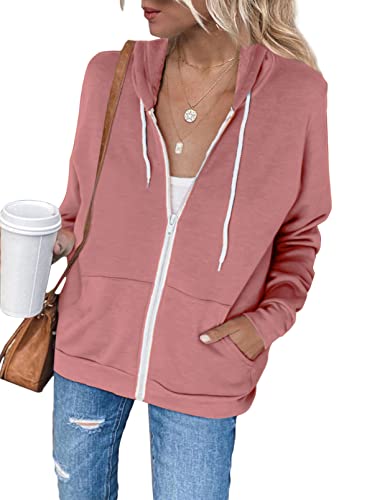 Maavoki Sweatjacke Damen mit Kapuze Einfarbig Damen Kapuzenjacke Full Zip Hoodie Sweatshirt Jacke für Damen, rosa XXL von Maavoki