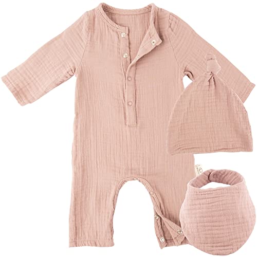 Mababu Baby Geschenk Set mit Strampler Lätzchen & Mütze | GOTS-Zertifiziert aus Musselin Bio-Baumwolle | Baby Geschenkset Kleidung für Junge & Mädchen | Baby Erstausstattung zur Babyparty | Rose von Mababu