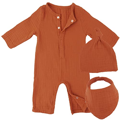 Mababu Baby Geschenk Set mit Strampler Lätzchen & Mütze | GOTS-Zertifiziert aus Musselin Bio-Baumwolle | Baby Geschenkset Kleidung für Junge & Mädchen | Baby Erstausstattung zur Babyparty | Rust von Mababu