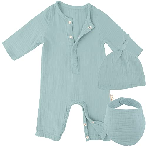 Mababu Baby Geschenk Set mit Strampler Lätzchen & Mütze | GOTS-Zertifiziert aus Musselin Bio-Baumwolle | Baby Geschenkset Kleidung für Junge & Mädchen | Baby Erstausstattung zur Babyparty | Sea Green von Mababu