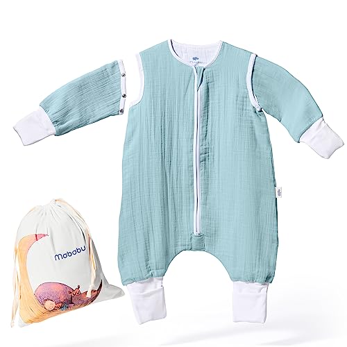 Mababu Baby Schlafsack mit Füßen 0,5 TOG & abnehmbaren Ärmeln - Sommer Schlafsack Kinder - Musselin Bio-Baumwolle - Sommerschlafsack mit Füßen -umklappbare Bündchen an Händen & Füßen – 100cm,Sea Green von Mababu