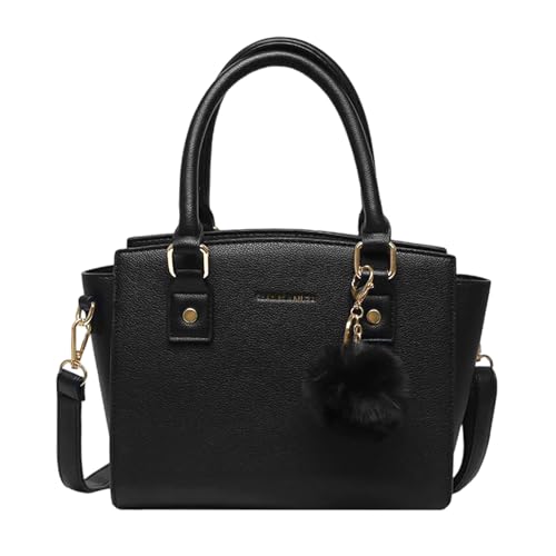 Mabecol Damen Handtasche aus Kunstleder Schultertasche Umhängetasche mit Plüschpompon verstellbarer Riemen ideal für Shopping Arbeit Reisen (Schwarz) von Mabecol