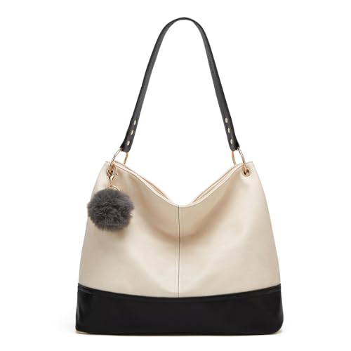 Mabecol Damen Handtasche aus weichem PU Leder Schultertasche mit Reißverschluss Fransen-Deko Schlüsselanhänger für Alltag Shopping Reisen (Beige) von Mabecol