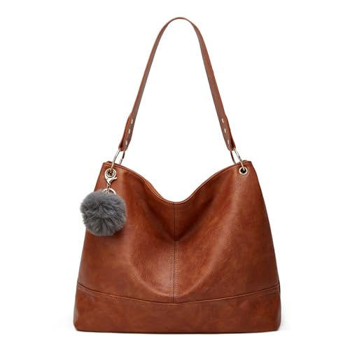 Mabecol Damen Handtasche aus weichem PU Leder Schultertasche mit Reißverschluss Fransen-Deko Schlüsselanhänger für Alltag Shopping Reisen (Braun) von Mabecol