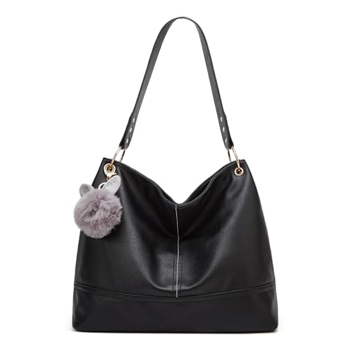 Mabecol Damen Handtasche aus weichem PU Leder Schultertasche mit Reißverschluss Fransen-Deko Schlüsselanhänger für Alltag Shopping Reisen (Schwarz) von Mabecol