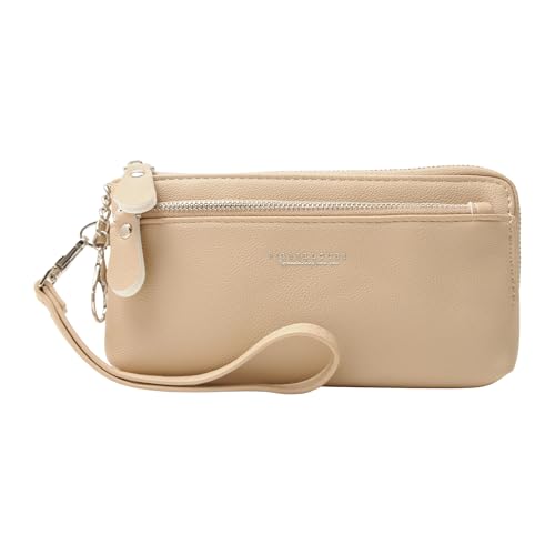 Mabecol Geldbeutel Damen mit Handyfach, Kleine PU Leder Geldbörse mit 3 Kartenfächern, Doppelreißverschluss & Abnehmbarer Handgelenkschlaufe, Elegantes Portemonnaie(Aprikosenfarbe) von Mabecol