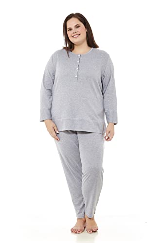 Mabel Intima - Pyjama Winter für Damen in großen Größen | Lange Ärmel und Hosen | Größe 50 | 2XL | Größen 46 bis 70 | Grau mit rosa Nähten | Weich, warm und bequem | Baumwolle und Synthetik von mabel intima