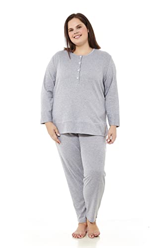 Mabel Intima - Pyjama Winter für Damen in großen Größen | Lange Ärmel und Hosen | Größe 66 | 6XL | Größen 46 bis 70 | Grau mit rosa Nähten | Weich, warm und bequem | Baumwolle und Synthetik von Mabel Intima