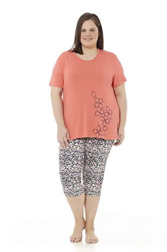 mabel intima - Damen Sommer Pyjama | Übergröße | Kurzarm und Piratenhose | Größen 46-70 | XL-7XL | Frühling/Sommer | Bequem und atmungsaktiv, korallenrot, 54 Groß von Mabel Intima