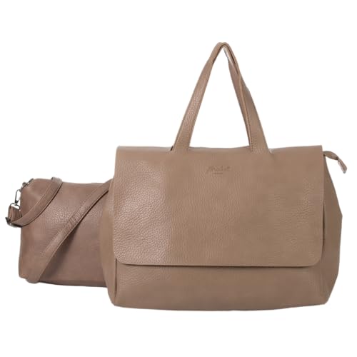 Große Schultertasche aus weichem veganem Leder mit Griffen oben, langem Riemen und passender Make-up-Tasche – Joey, Medium Taupe von Mabel London