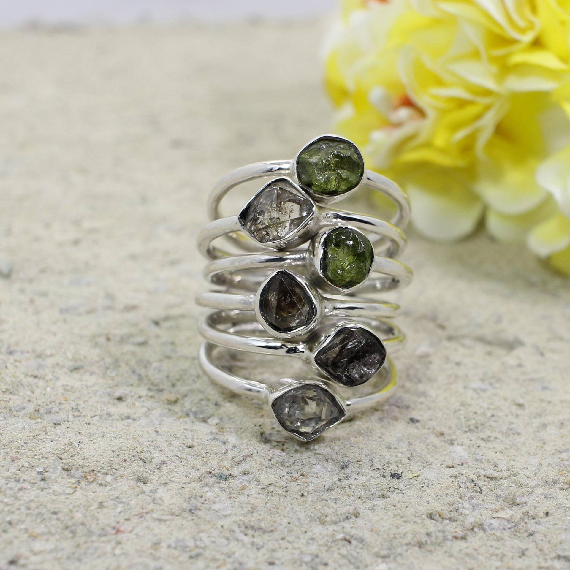 Natürlicher Peridot Ring - Herkimer Diamant Multi Bandring -925 Sterling Silber Ring-Peridot Silberring Statement von MabelleStudio