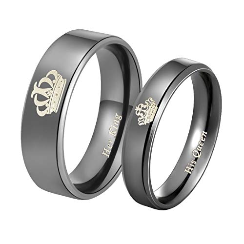 Mabohity Damen-Ring Titan-Ring mit Krone Her King und His Queen Gravur Titanium 5mm Breit Ehering Verlobungsring Freundschaftsring Partnerring Paar Ring, Schwarz, Größe 49 von Mabohity