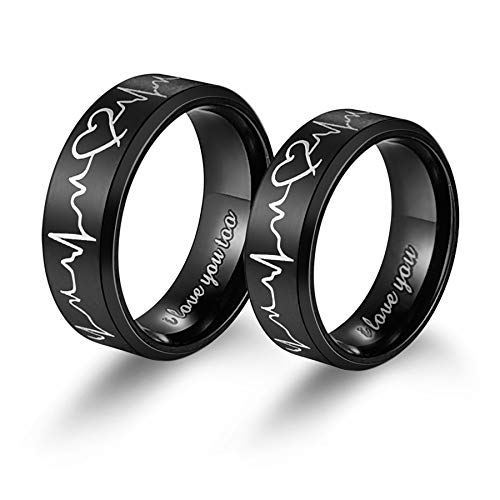 Mabohity EKG-Ring Herren Damen mit I Love You Schwarz Titan-Ring Titanium 6mm/8mm Breit Ehering Verlobungsring Freundschaftsring Partnerring Paar Ringe (nur Damen) von Mabohity