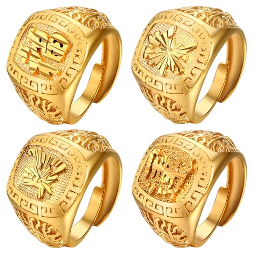 Mabohity Glück Glückseligkeit Herren Ring: 4 PCS Stamp Ring Set Einstellbare Größe Symbol für Erfolg und Wohlstand von Mabohity