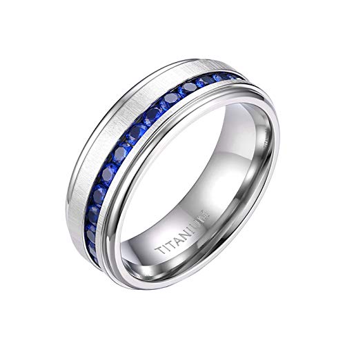 Mabohity Ring Herren/Damen Gebürsteter Titan-Ring mit Blau Saphir Zirkonia Titanium 8mm Breit Ewigkeit Ehering Verlobungsring Hochzeit Band, Silber, Größe 65 von Mabohity