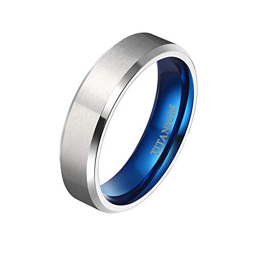 Mabohity Ring Herren/Damen Matt + Hochpoliert Titan-Ring Titanium 6mm Breit Ehering Verlobungsring Trauring Freundschaftsring Partnerring Hochzeit Band, Blau Silber, Größe 54 von Mabohity