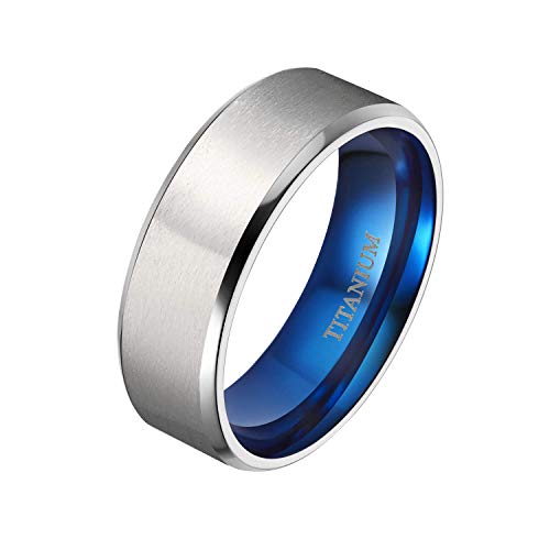 Mabohity Ring Herren/Damen Matt + Hochpoliert Titan-Ring Titanium 8mm Breit Ehering Verlobungsring Trauring Freundschaftsring Partnerring Hochzeit Band, Blau Silber, Größe 52 von Mabohity