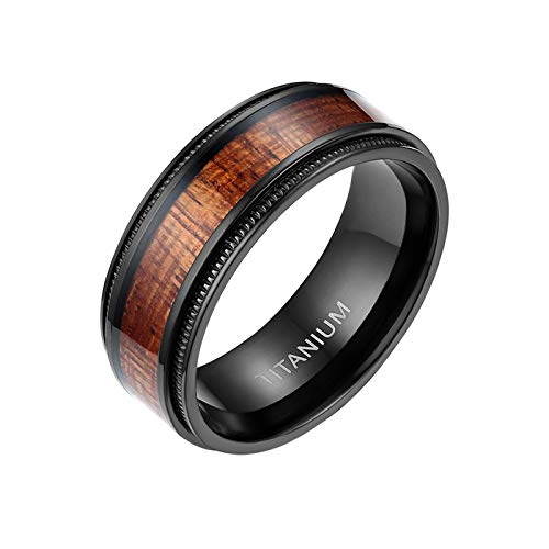 Mabohity Ring Herren Titan-Ring Titanium 8mm Holz Echtholz Intarsie & Milgrain Rand Ehering Verlobungsring Freundschaftsring Hochzeit Band, Schwarz, Größe 62 von Mabohity