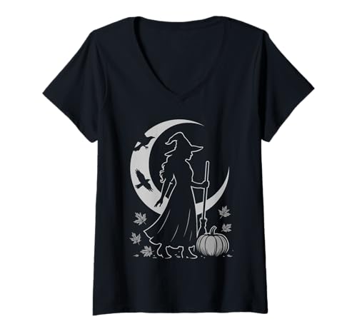 Damen Mabon Erntemond Hexe Herbst Design mit Kürbis und Sichelmond T-Shirt mit V-Ausschnitt Damen Mabon Erntemond Hexe Herbst Design mit Kürbis und Sichelmond T-Shirt mit V-Ausschnitt von Mabon Vibes by Christine-Krahl