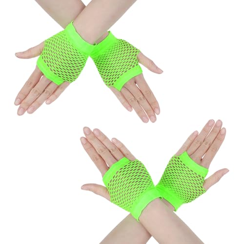 Mabor 2 Paar Grüne Fingerlose Handschuhe，Kurze Elastische Neon Party Netzhandschuhe Neon Grün 80er 90er Jahre Accessoires Cosplay und Damenkostüm Accessoires 80er 90er Jahre Outfit Damen von Mabor