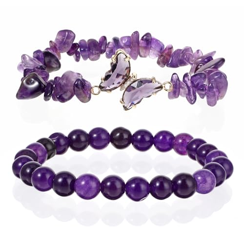 Mabor Perlenarmband Damen, 2 Stück Amethyst Armband Lila Amethyst Edelstein Armband Damen Schmetterling Kristallen Armbänder Amulett Armbänder Spirituelle Geschenke von Mabor