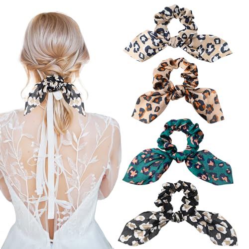Mabor 4 Stück Haargummi mit Langer Schleife，Elastisches Scrunchies Satin Haargummi Leopardenmuster Haargummis Damen Langes Haar Accessoire Weiche Haarschmuck für Damen und Mädchen von Mabor
