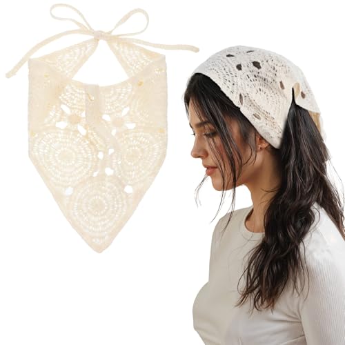 Mabor Häkel Kopftuch Damen Boho Bandana Baumwoll Gehäkeltes Kopftücher Elastisches Stirnband mit Bänd Dreieckstuch Damen für Frauen Mädchen(Aprikose) von Mabor