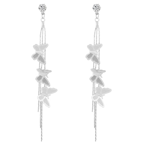 Mabor Schmetterling Ohrringe Silber Lang，Y2k Accessoires Lange Schmetterlingsohrringe Mädchen Schmetterling Damen Quaste Butterfly Earrings Personalisierte Ohrringe Damen mit Strasssteinen von Mabor