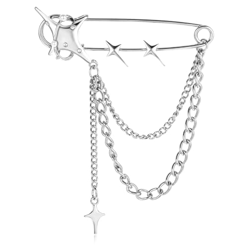 Mabor Stern Brosche Damen Silber Punk Brosche Modische Broschen & Anstecknadeln Herren Quasten Sicherheitsnadel mit Kette für Kleidung der Punk Hip-Hop und Vintage Serie(Männer und Frauen) von Mabor