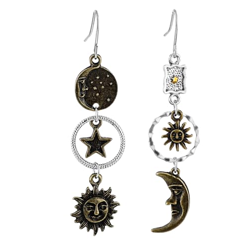 Mabor Bronze Gothic Asymmetrical Sun Moon Face Dangle Earrings Sun Moon Star Dangle Earrings for Women Vintage Statement Earrings for Masquerade Cosplay Party Jewelry von Mabor