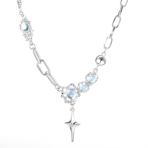 Y2k Mondstein Kette,Mabor Unregelmäßige Halskette Y2k Accessoires Grunge Necklace Silver Halsband Kette Metall Vintage Schmuck Kreuz Stern Aesthetic Necklace Mädchen Frauen Gothic Schmuck von Mabor