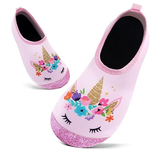 Badeschuhe Kinder Schwimmschuhe Wasserschuhe Schnell Trocknend Strandschuhe Aquaschuhe für Mädchen Baby Beach Pool(Flash Pink Einhorn,1/2 UK Child,16/17 EU) von Mabove