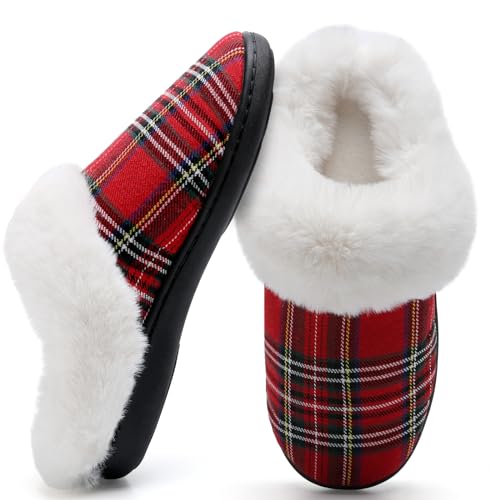 Hausschuhe Damen Memory Foam Winter Wärme Bequem Plüsch Pantoffeln Indoor Home rutschfeste Kuschelig Weite Leicht Slippers(Weihnachts Rot,39.5 EU) von Mabove