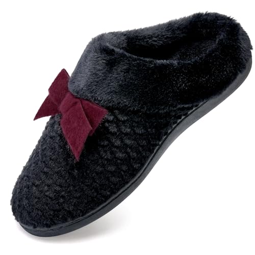 Hausschuhe Damen Warme Memory Foam Winter Slippers mit Fliege Schwarz,39.5 von Mabove