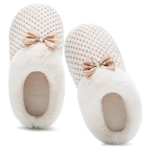 Hausschuhe Mädchen Kinder Memory Foam Pantoffeln Kuschelig Bogen Hausschuhe Winter Wärme Bequem Slippers(Cremefarben,26/27 EU) von Mabove