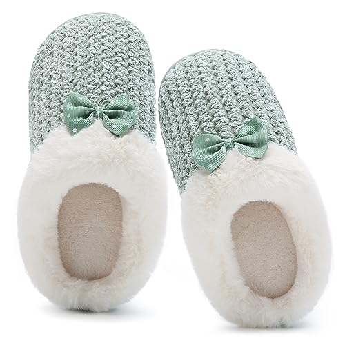 Hausschuhe Mädchen Kinder Memory Foam Pantoffeln Kuschelig Bogen Hausschuhe Winter Wärme Bequem Slippers(Mint Grün,28/29 EU) von Mabove