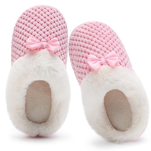 Hausschuhe Mädchen Kinder Memory Foam Pantoffeln Kuschelig Bogen Hausschuhe Winter Wärme Bequem Slippers(Pfirsich Rosa,24/25 EU) von Mabove