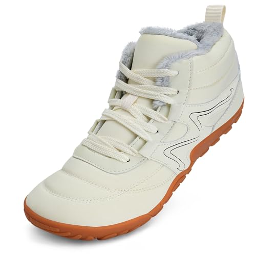 Mabove Barfußschuhe Damen Weit Barfussschuhe Breite Traillaufschuhe Warm Gefüttert Winterschuhe Schneestiefel (Milchig Weiß,41 EU) von Mabove