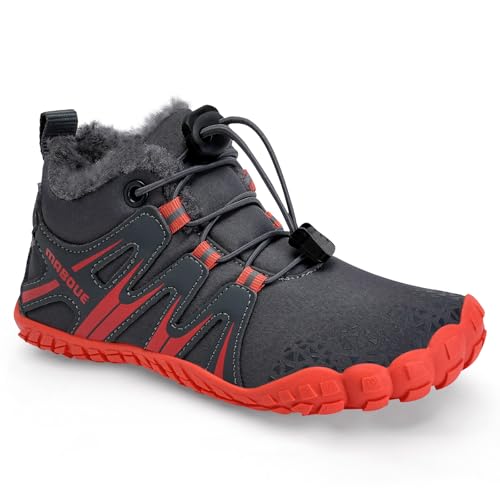 Mabove Barfußschuhe Kinder Winter Jungen Mädchen Barfussschuhe Winterschuhe Warm Gefüttert Winterstiefel Leicht Rutschfest（Grau Rot 28） von Mabove