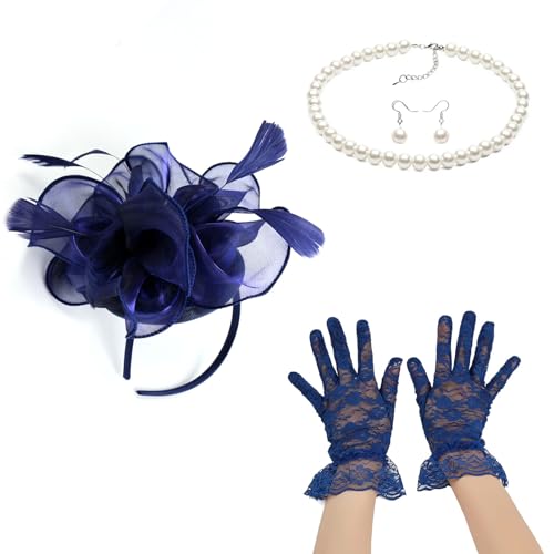Fascinator-Set für Damen, elegant, Perlen, Halskette, Ohrringe, Spitzen-Handschuhe, 1920er-Jahre, vielseitige Kopfbedeckung, Kopfbedeckung für Damen von Mabta