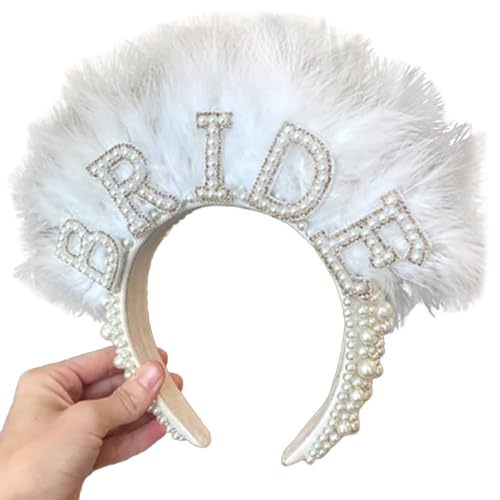 Mabta Temperament-Stirnband in Federform mit weißen Perlendekoren, einzigartiger Haarreif, Braut, Frau, Hochzeitszeremonie von Mabta